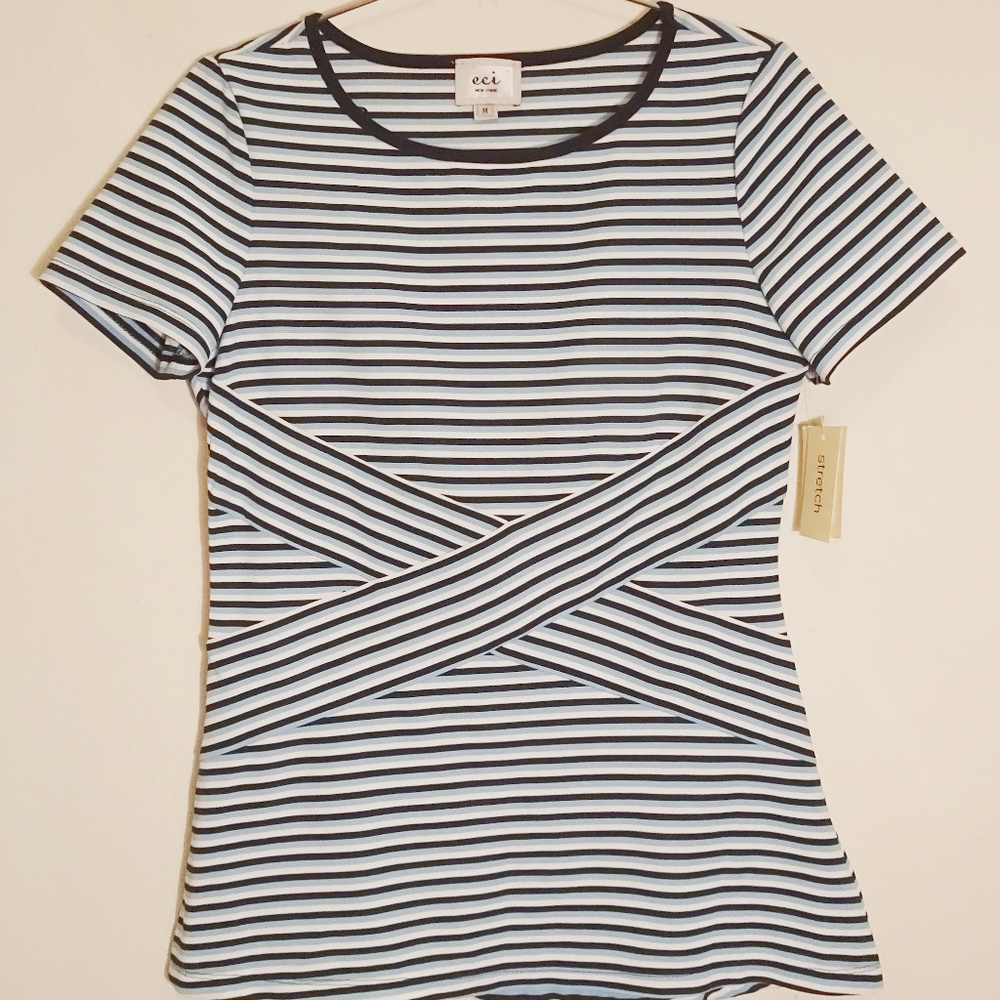 NWT ECI Striped Womens Blouse Sz M Blue/Black/Whit